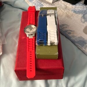 Stylish Red Watch with Interchangeable Straps
